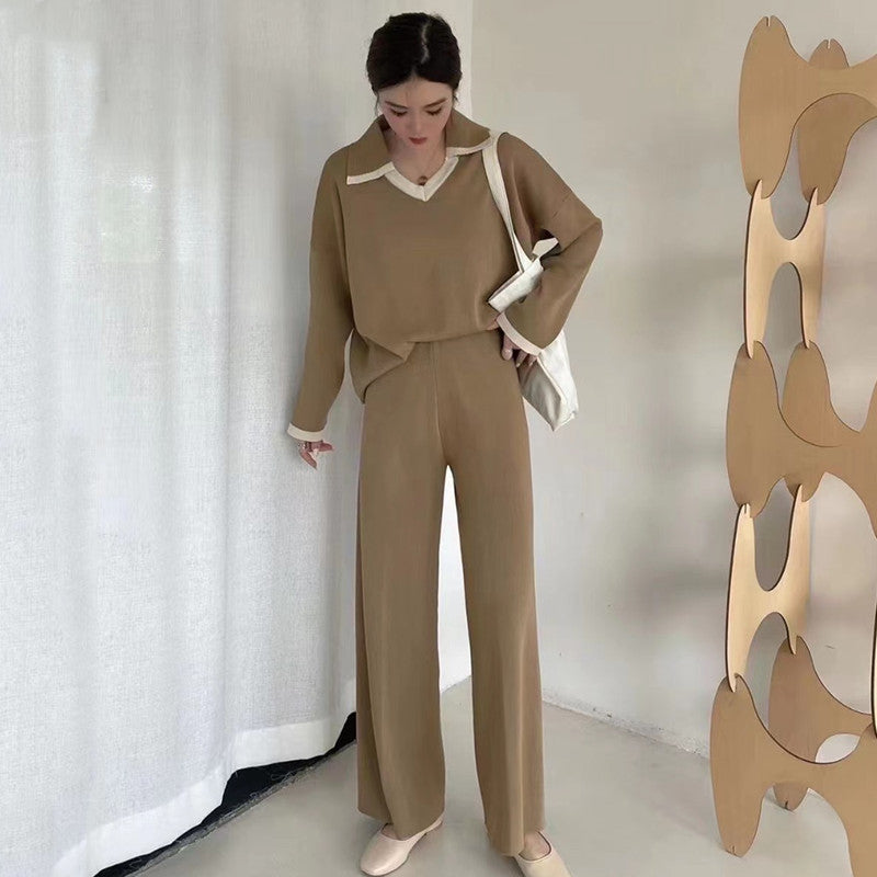 Women's Elegant and Casual Knit Set with V-Neck and Wide Hem