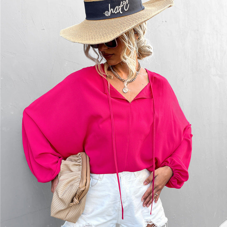 Women's Airy Blouse with Wide Sleeves and Bow Detail