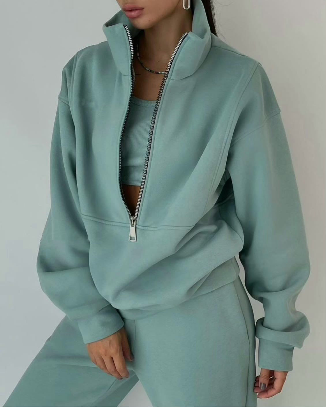 Women's Casual Oversized Hoodie and Jogger Set with Practical Zipper