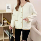 Women's Elegant Cardigan with Decorative Pearl Buttons and Fine Texture