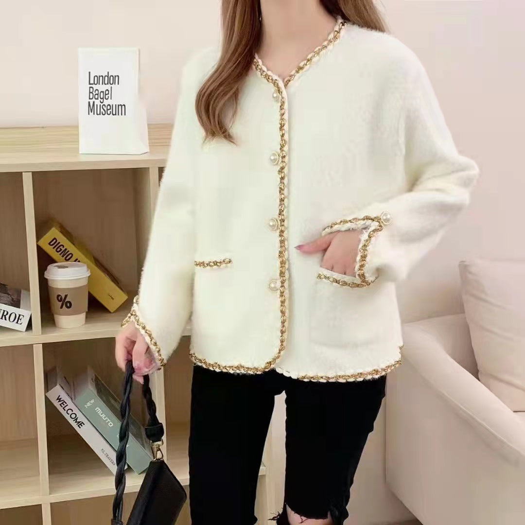 Women's Elegant Cardigan with Decorative Pearl Buttons and Fine Texture