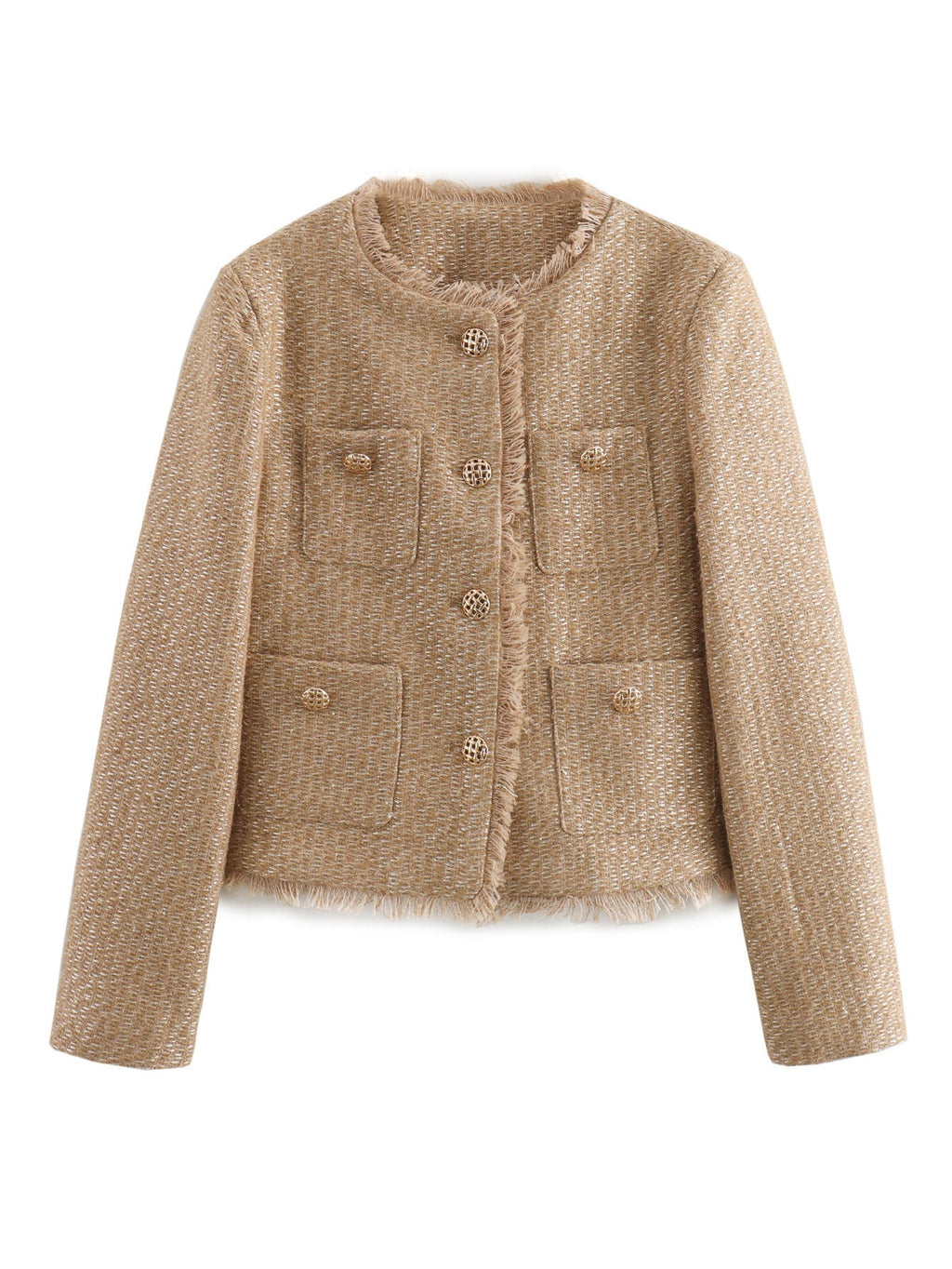 Elegant Tweed Jacket with Fringes and Decorative Buttons