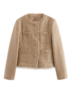 Elegant Tweed Jacket with Fringes and Decorative Buttons