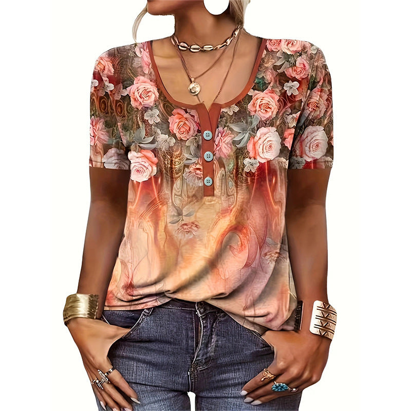 Women's Floral Blouse Top with Button Details