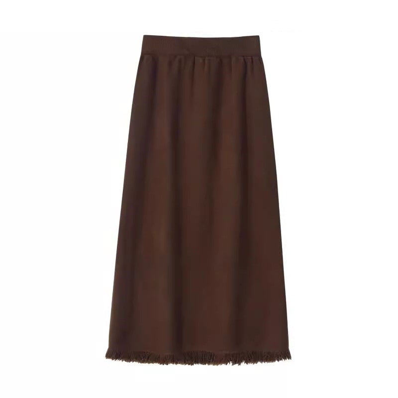 Women's Fashionable Midi Skirt with Fringed Hem