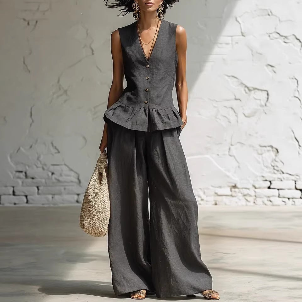 Women's Casual Peplum Jumpsuit with Button Details