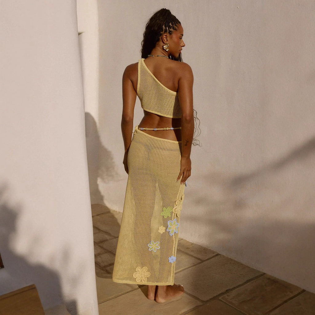 Women's Crochet Skirt with Floral Appliqués and Asymmetric Cut