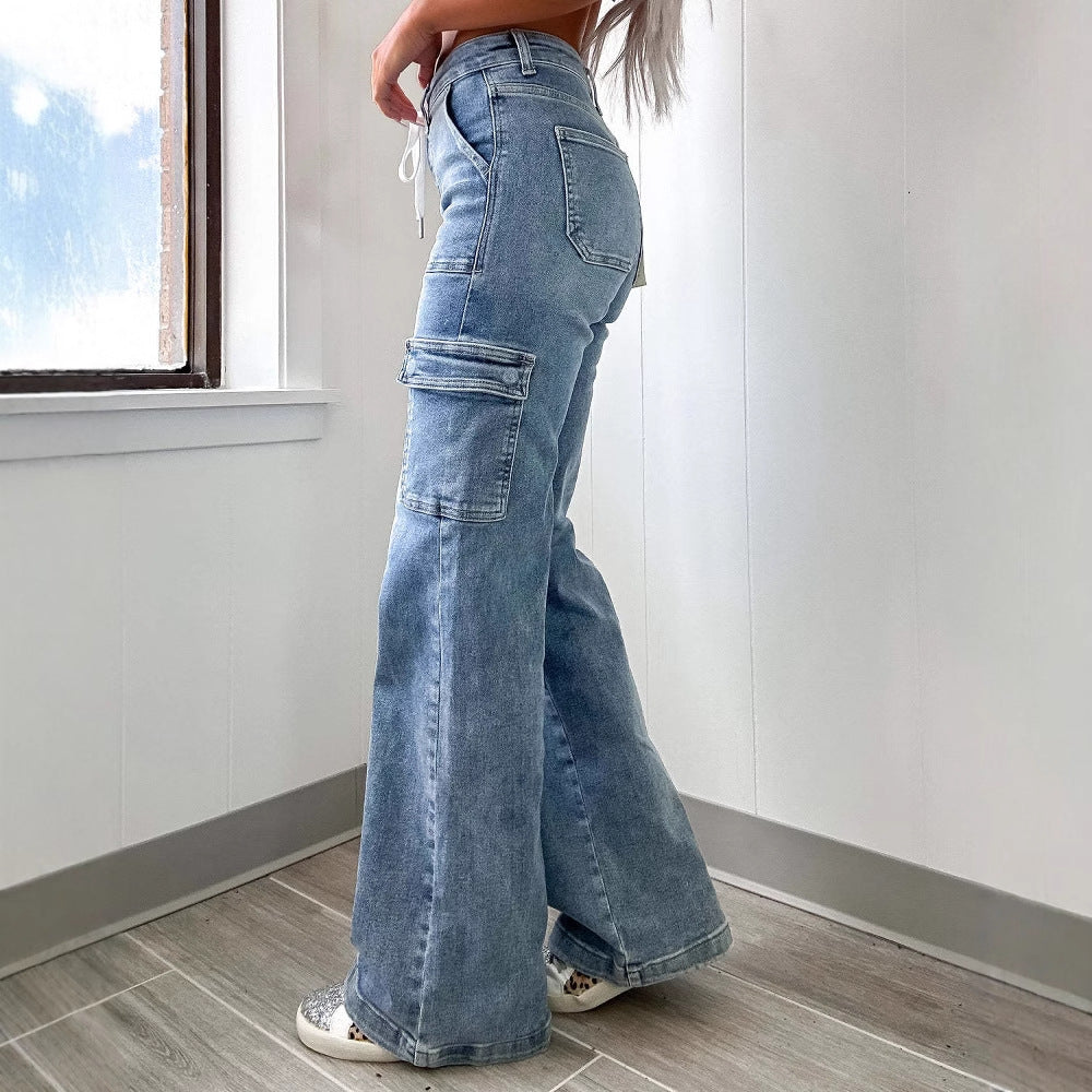Women's Wide-Leg Cargo Jeans with Adjustable Waist