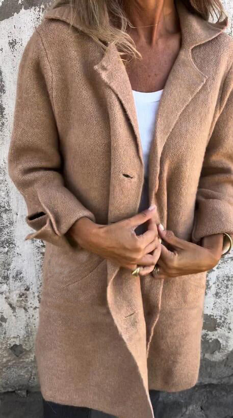 Women's Elegant Wool Jacket with Full Button Placket and Spacious Pockets