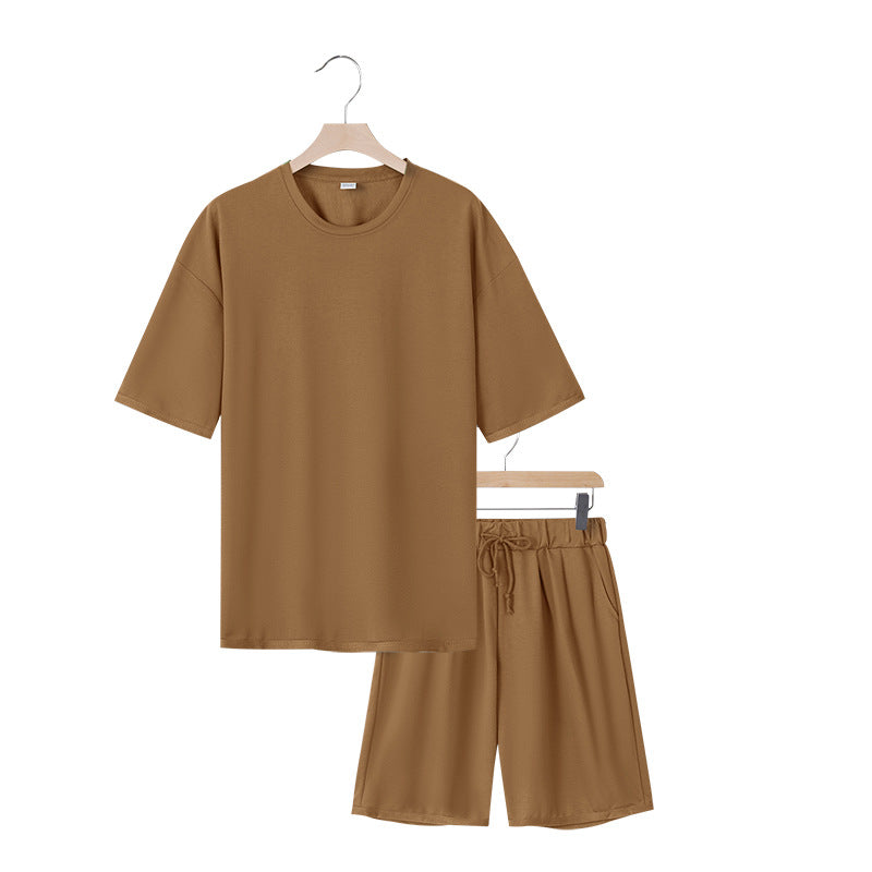 Men's relaxed jersey set with extended round neck t-shirt and elastic drawstring shorts