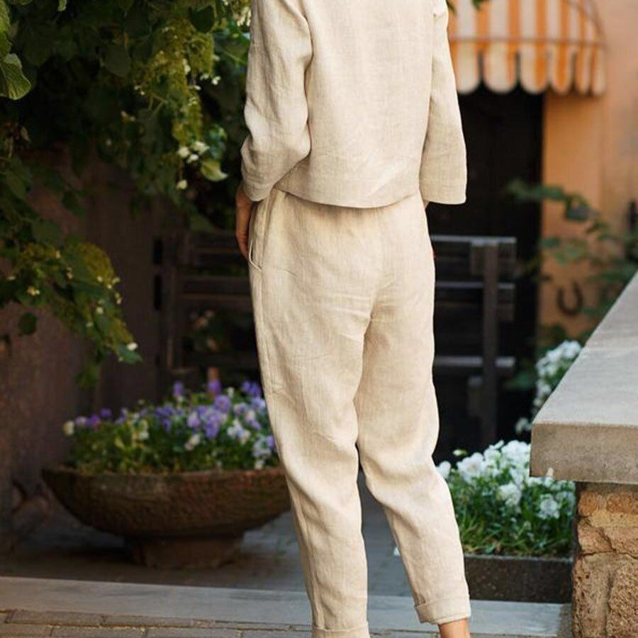 Women's Linen Set with Cropped Top and Elastic Waist