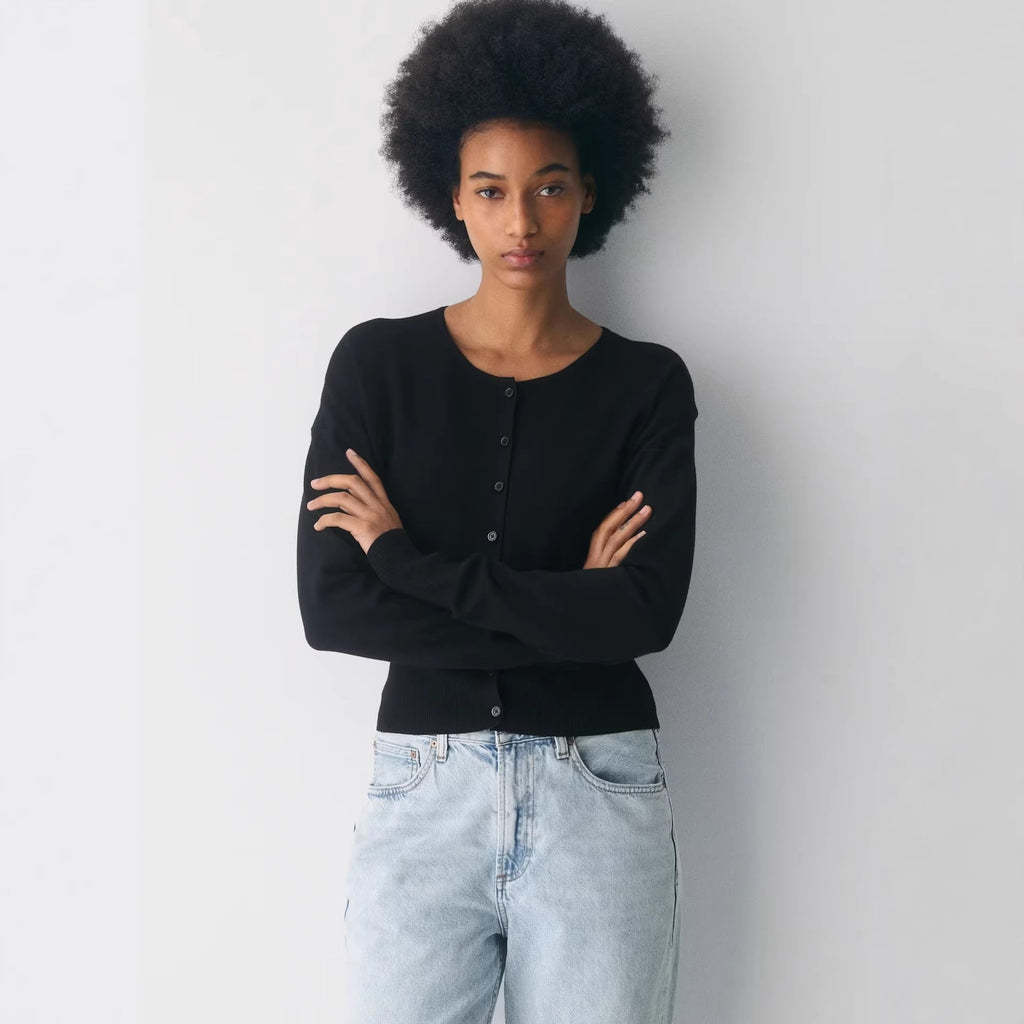 Cropped Ribbed Cardigan with Button Placket