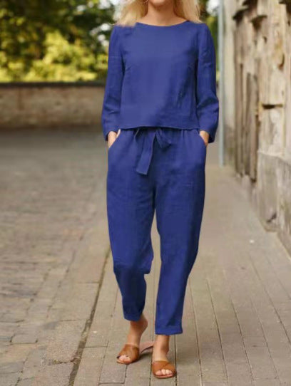 Women's Casual Linen Loungewear Set with Round Neck and Tie Belt