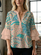 Women's Floral Top with Voluminous Ruffled Sleeves