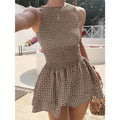 Women's Sleeveless Mini Dress with Plaid Pattern and Elastic Waist