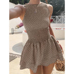 Women's Sleeveless Mini Dress with Plaid Pattern and Elastic Waist