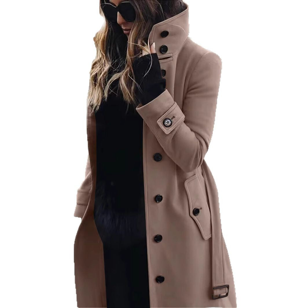 Elegant Trench Coat with High Collar and Pockets