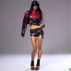 Women's Cropped Biker Jacket with Contrasting Sleeves