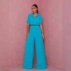 Women's Elegant Short-Sleeve Blouse and Palazzo Pants Ensemble