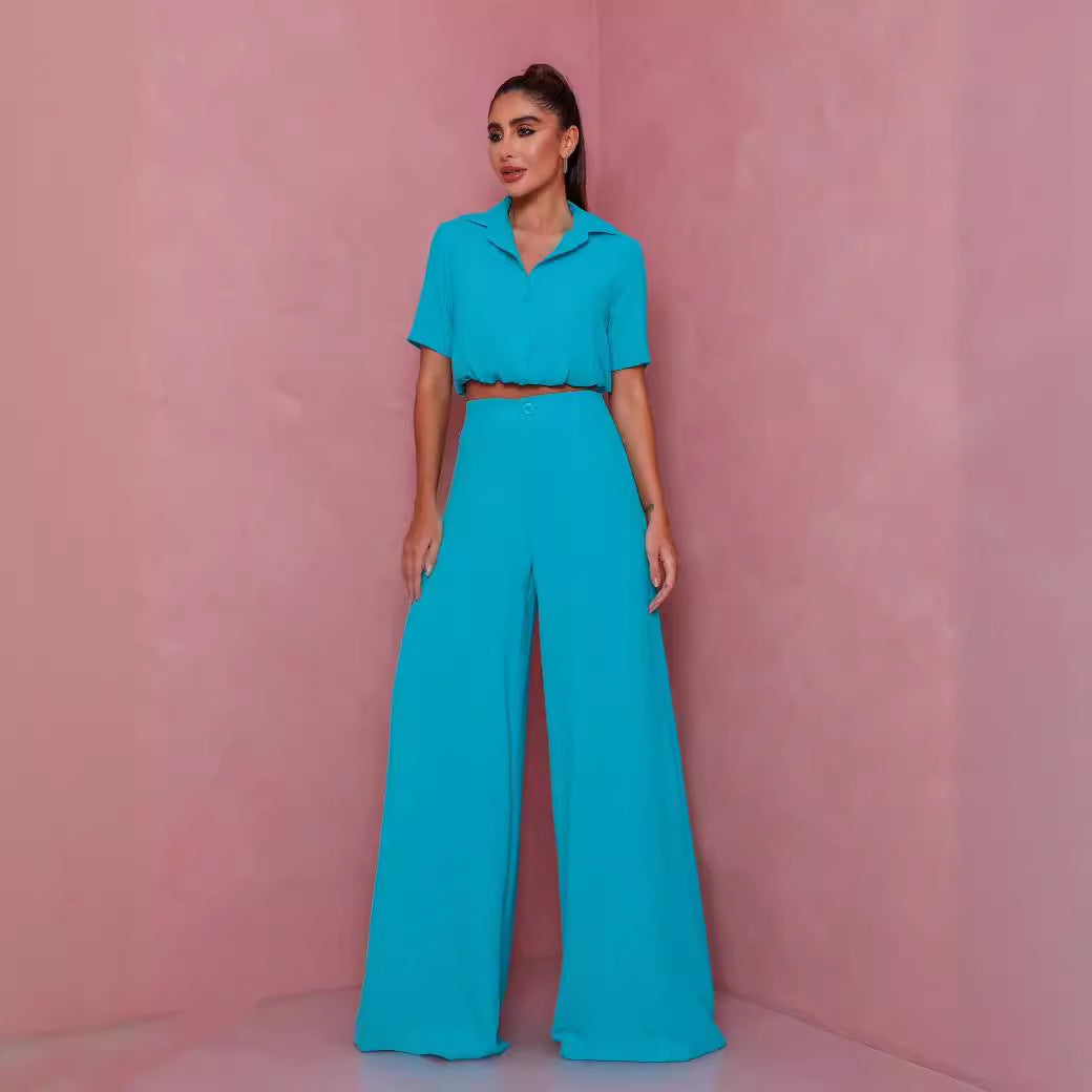 Women's Elegant Short-Sleeve Blouse and Palazzo Pants Ensemble