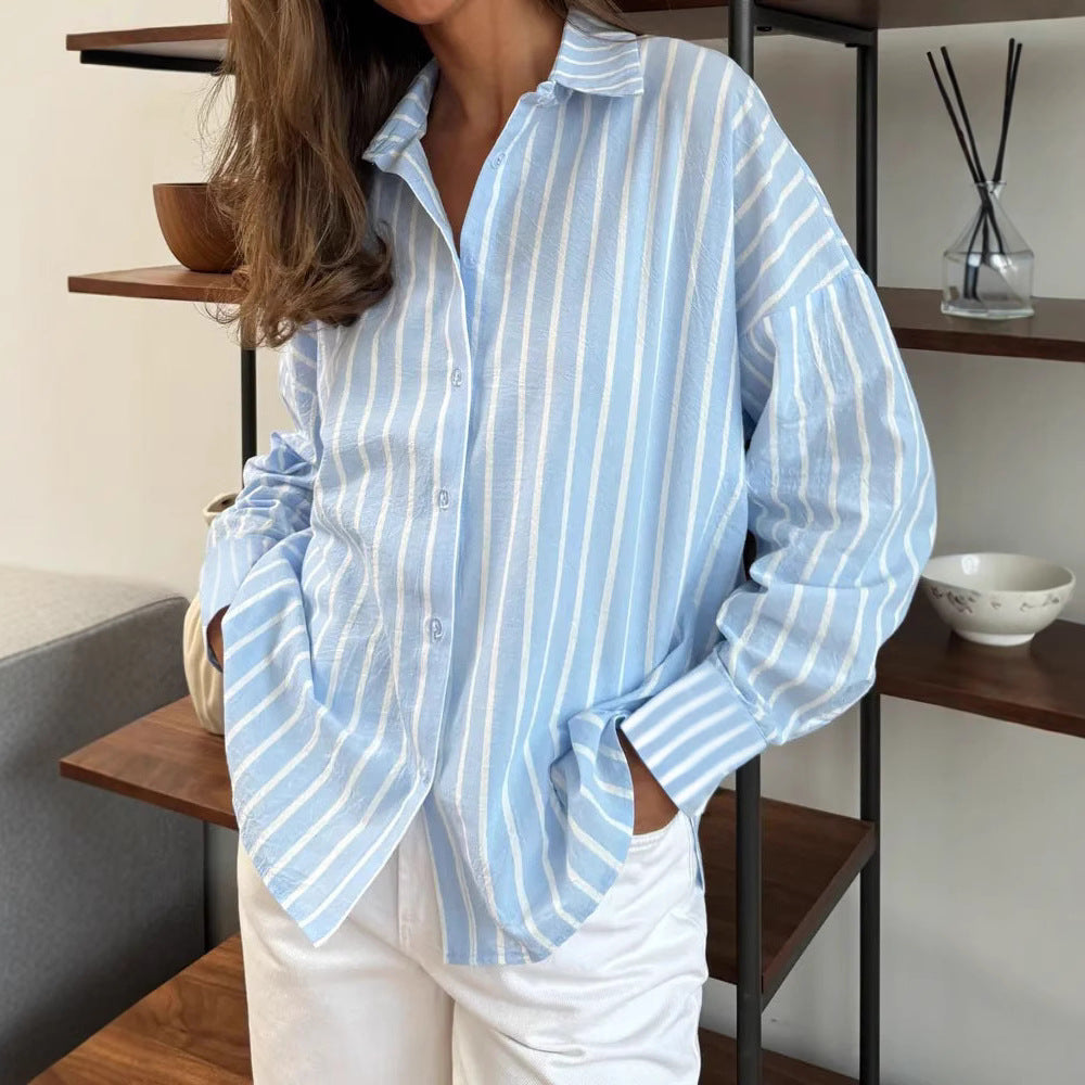 Casual Women's Cotton Blouse with Striped Design and Loose Fit