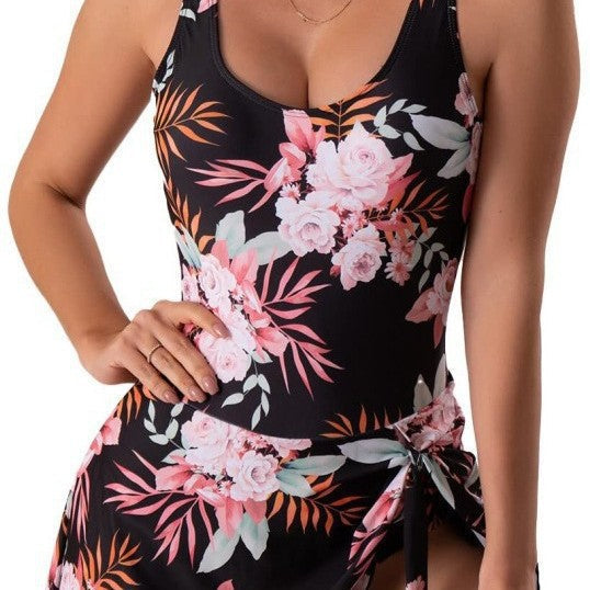 Women's Swim Jumpsuit with Wrap Skirt and Adjustable Knot