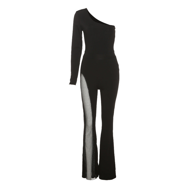 Women's Elegant Sport Jumpsuit with Asymmetric Cut and Mesh Inserts