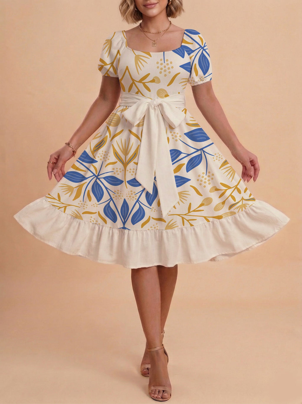 Women's A-Line Dress with Floral Motifs and Adjustable Belt