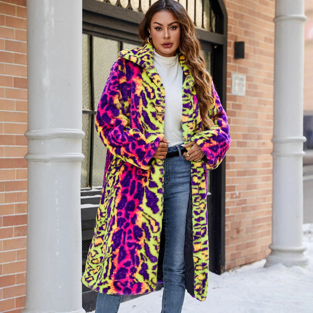 Women's Fluffy Faux Fur Coat in Bold Animal Print Mix