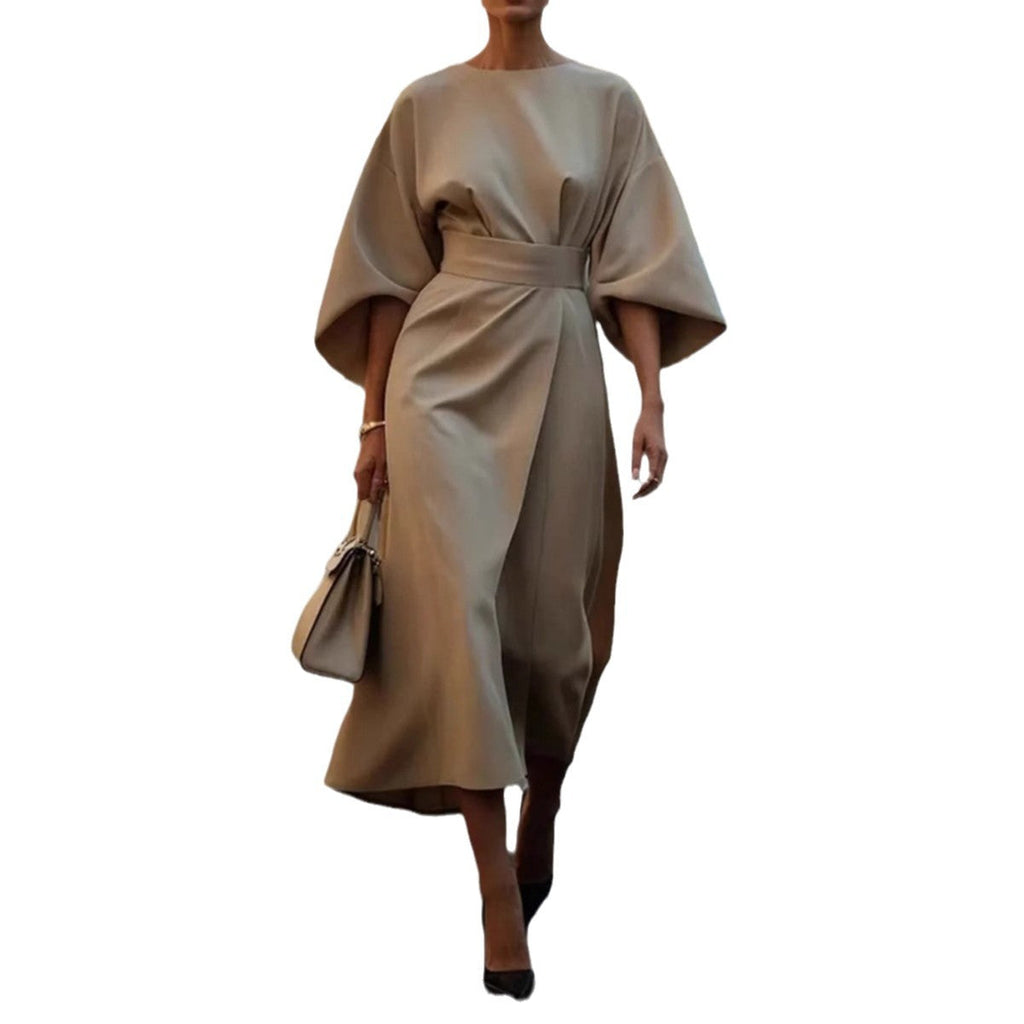 Women's Elegantly Cut Maxi Dress with Puff Sleeves and Fitted Belt