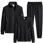 Men's Three-Piece Performance Training Set with Stand Collar Zip Jacket, Round Neck Sweater & Tapered Jogging Pants