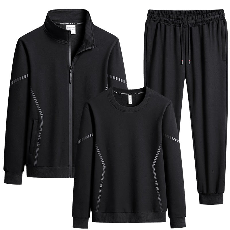 Men's Three-Piece Performance Training Set with Stand Collar Zip Jacket, Round Neck Sweater & Tapered Jogging Pants