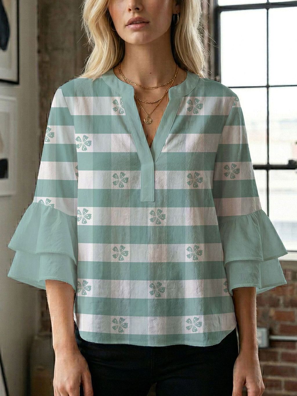 Women's Blouse Shirt with Voluminous Sleeves and Creative Print Design