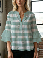 Women's Blouse Shirt with Voluminous Sleeves and Creative Print Design