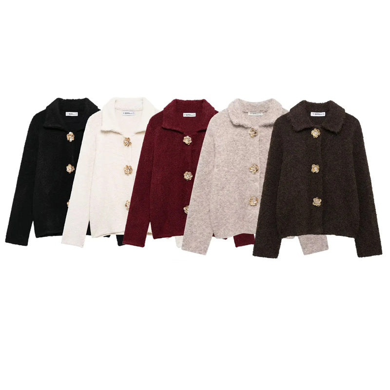Women's Fluffy Cardigan with Decorative Flower Buttons
