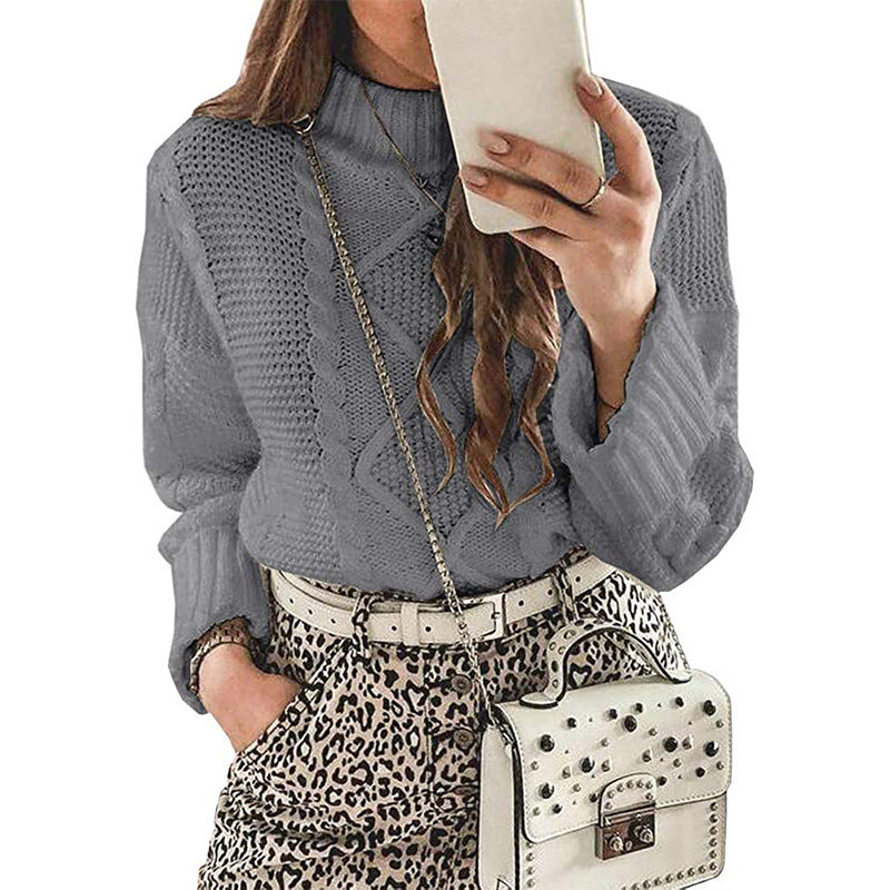 Women's Chunky Knit Sweater with Textured Stitching and High Collar