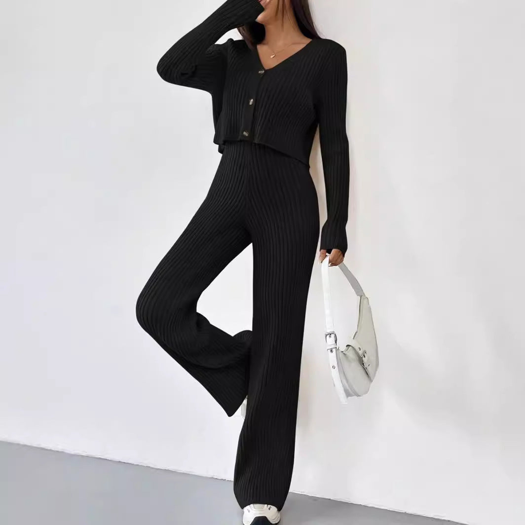 Elegant Knit Lounge Set with V-Neck