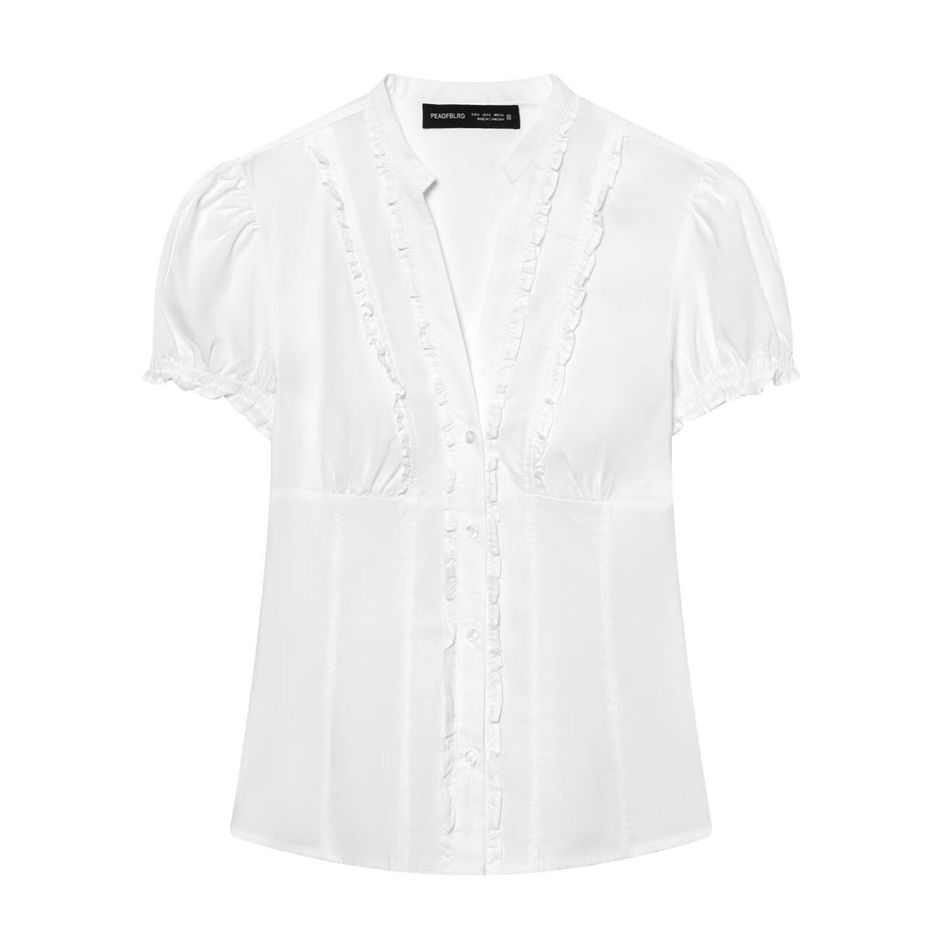 Women's Blouse with Ruffle Details and Fine Stripes