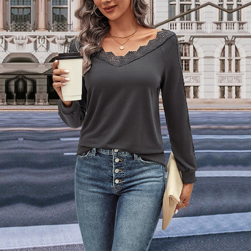 Women's Long Sleeve Blouse with Romantic Lace Trim