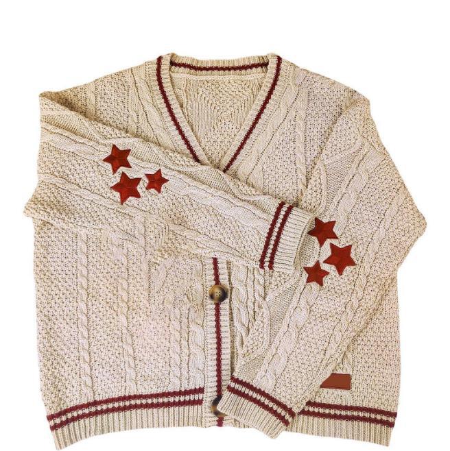 Women's Chunky Knit Cardigan with Unique Cable Structure and Decorative Stars