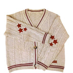 Women's Chunky Knit Cardigan with Unique Cable Structure and Decorative Stars