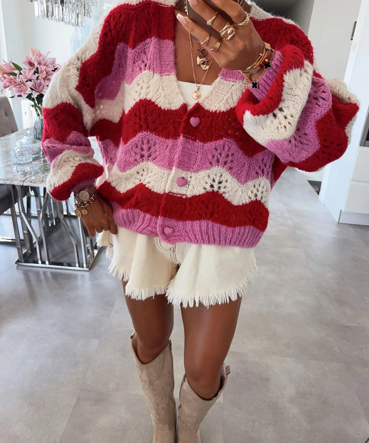 Women's Cozy Knit Cardigan with Wave Pattern