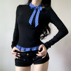 Women's Long-Sleeve Blouse with Plaid Collar and Ruffle Hem