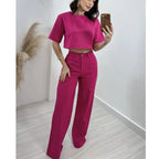 Women's Fashionable Crop Top and Wide-Leg Trousers Set