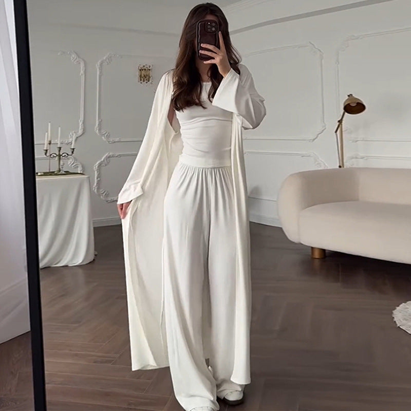 Women's Loungewear Set with Long-Sleeve Top and Wide Palazzo Pants
