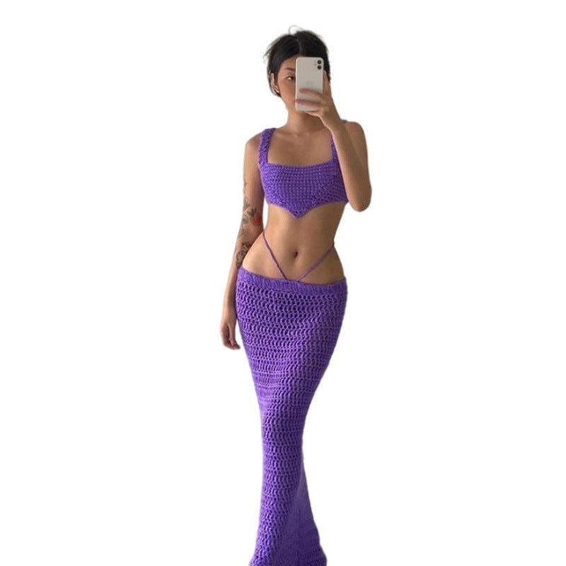 Women's Crocheted Crop Top and Midi Skirt Set