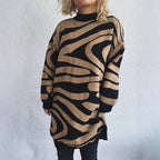 Women's Chunky Knit Sweater with Modern Zebra Design and High Collar