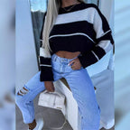Women's Cropped Knit Sweater with Fashionable Block Stripes