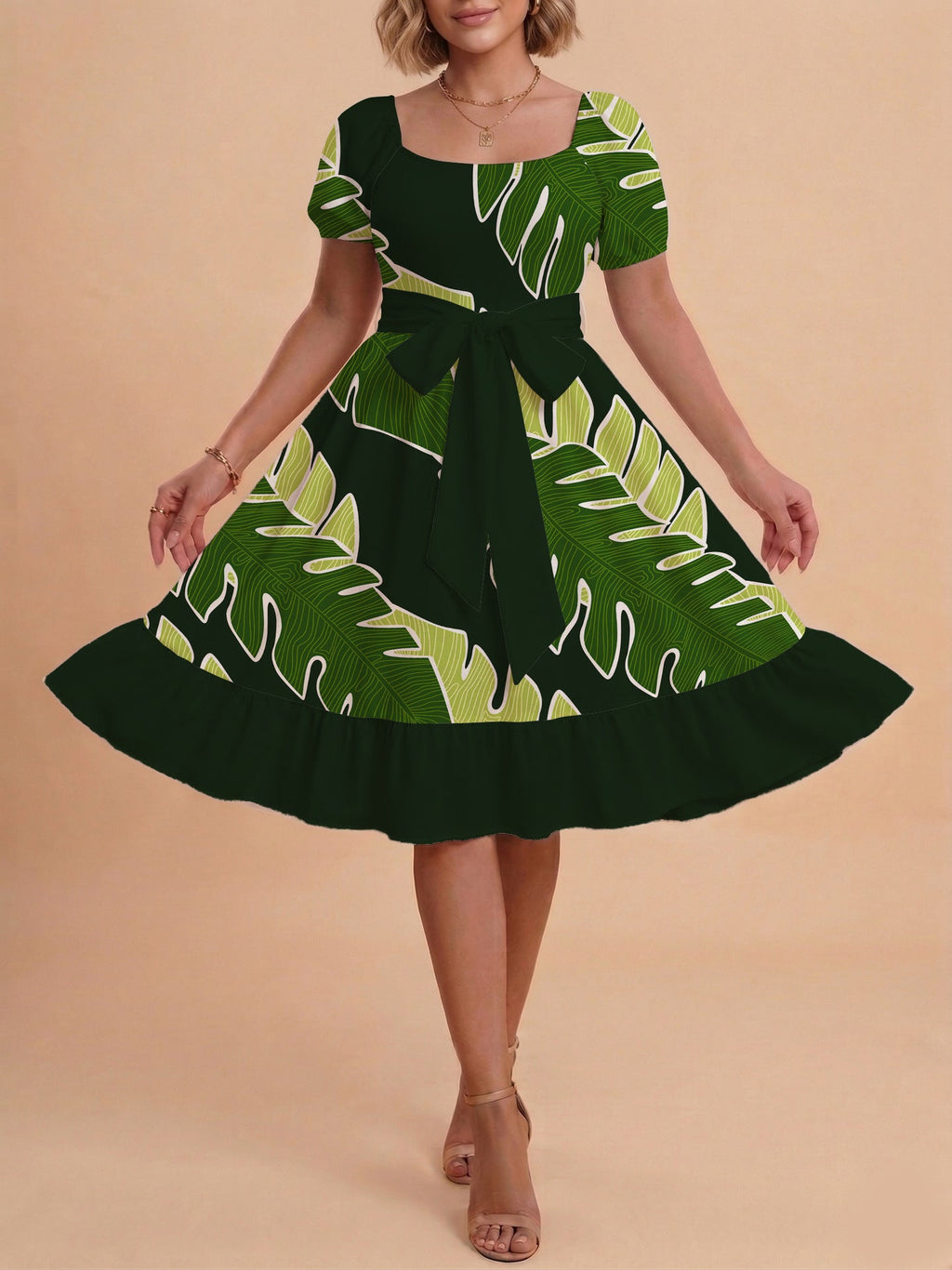 Women's A-Line Dress with Floral Motifs and Adjustable Belt