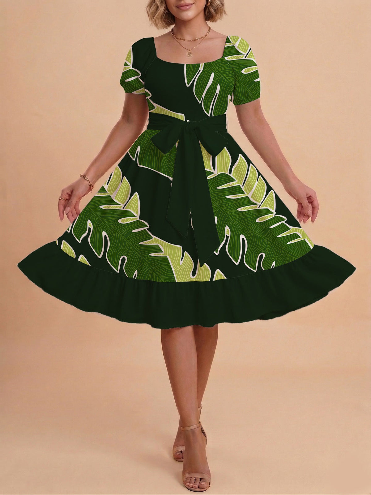 Women's A-Line Dress with Floral Motifs and Adjustable Belt
